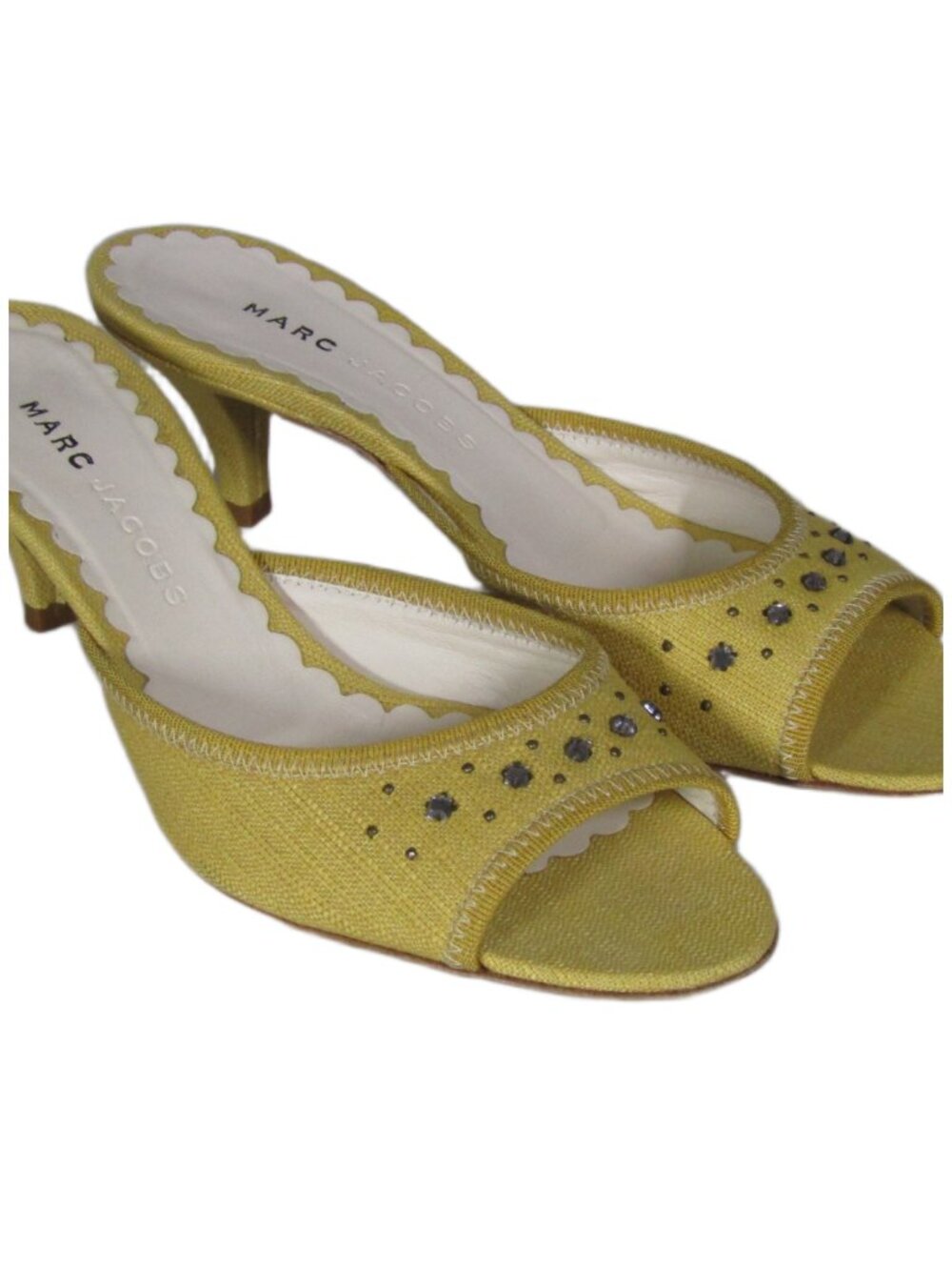 MARC JACOBS Embellished Kitten Heels Shoes Mules Gold Yellow Linen Y2K 6M W/Box